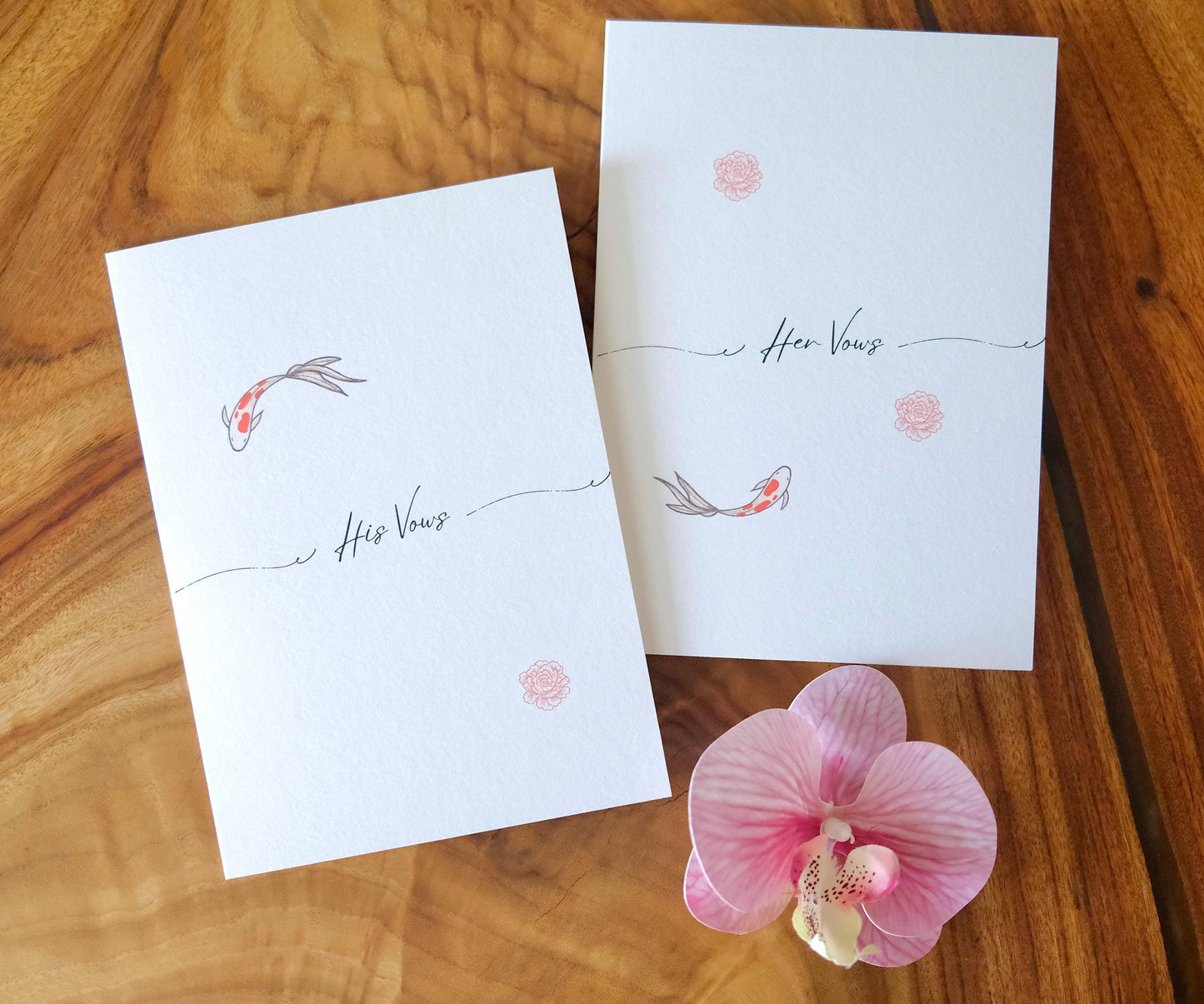 Minimalist Koi and Peony Wedding Vow Cards