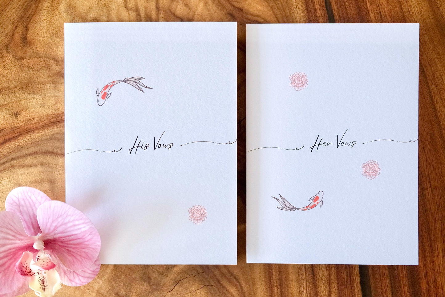 Minimalist Koi and Peony Wedding Vow Cards