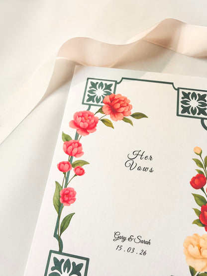 Peranakan Peony Frame Vow Cards · Oriental Floral (His & Hers)