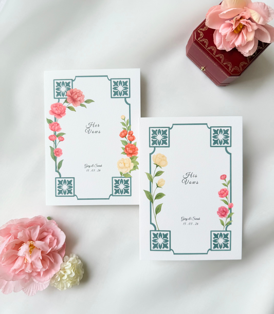 Peranakan Peony Frame Vow Cards · Oriental Floral (His & Hers)