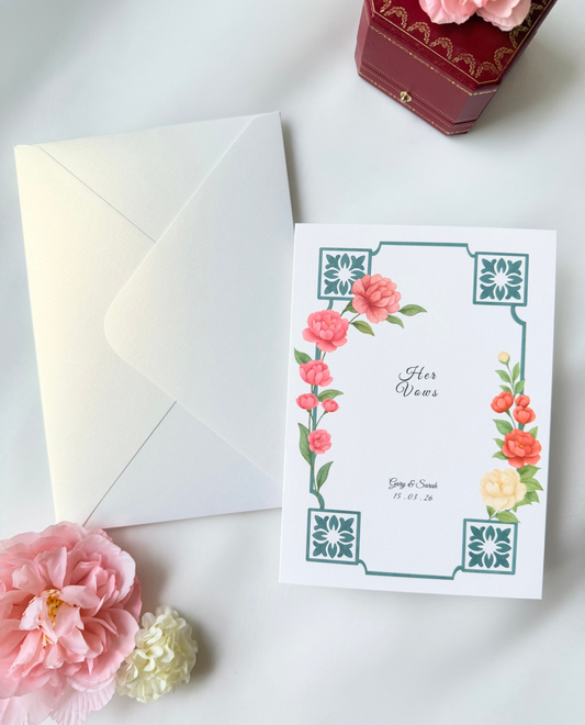Peranakan Peony Frame Vow Cards · Oriental Floral (His & Hers)