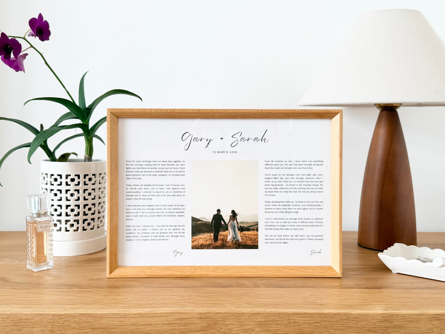 Wedding & Anniversary Vow Frame - A4 Custom Photo Keepsake (Teak / Walnut) (Preorder – ships in 2 weeks)