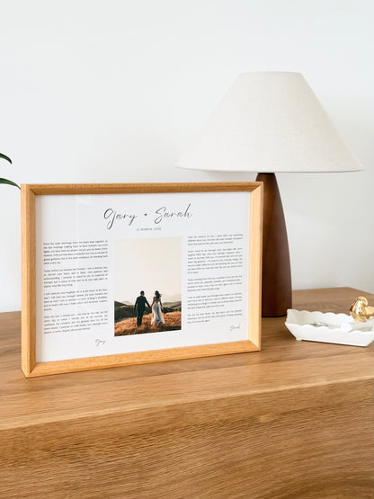 Wedding & Anniversary Vow Frame - A4 Custom Photo Keepsake (Teak / Walnut) (Preorder – ships in 2 weeks)