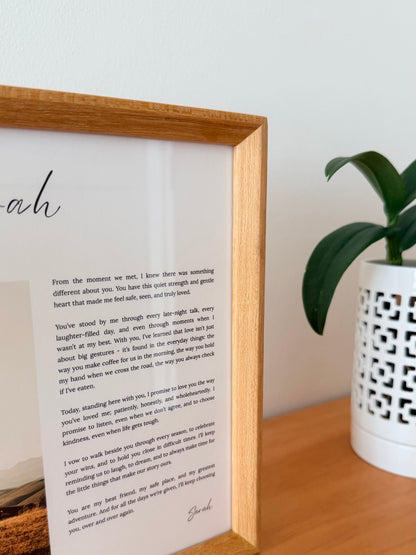 Wedding & Anniversary Vow Frame - A4 Custom Photo Keepsake (Teak / Walnut) (Preorder – ships in 2 weeks)