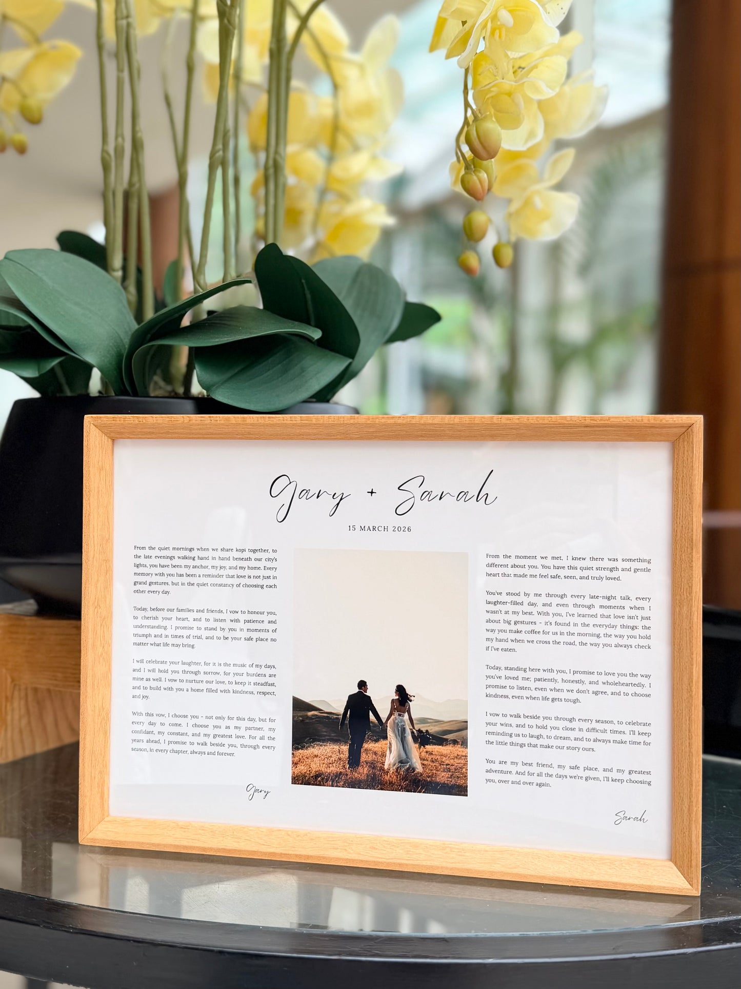 Wedding & Anniversary Vow Frame - A4 Custom Photo Keepsake (Teak / Walnut) (Preorder – ships in 2 weeks)