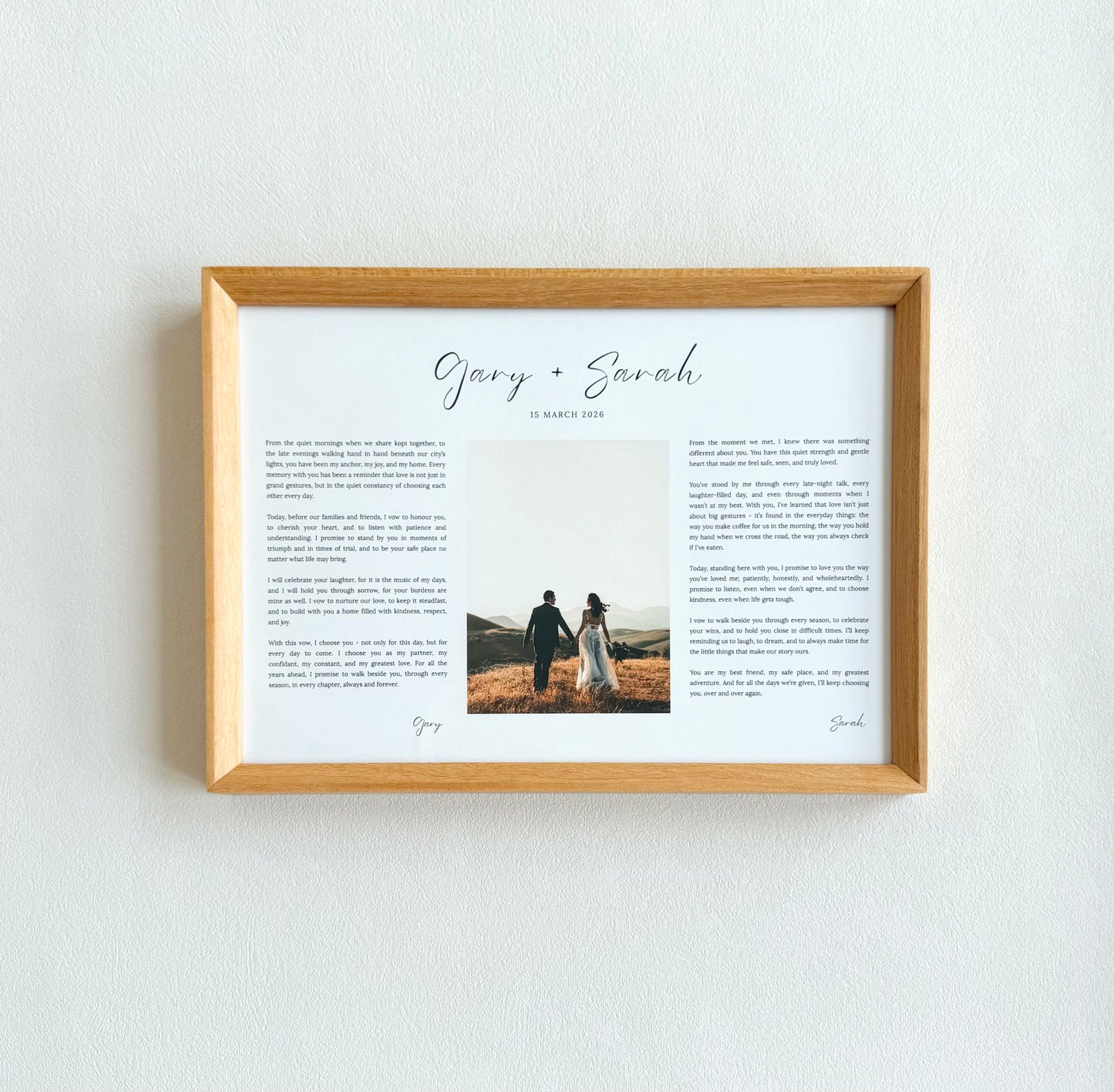 Wedding & Anniversary Vow Frame - A4 Custom Photo Keepsake (Teak / Walnut) (Preorder – ships in 2 weeks)