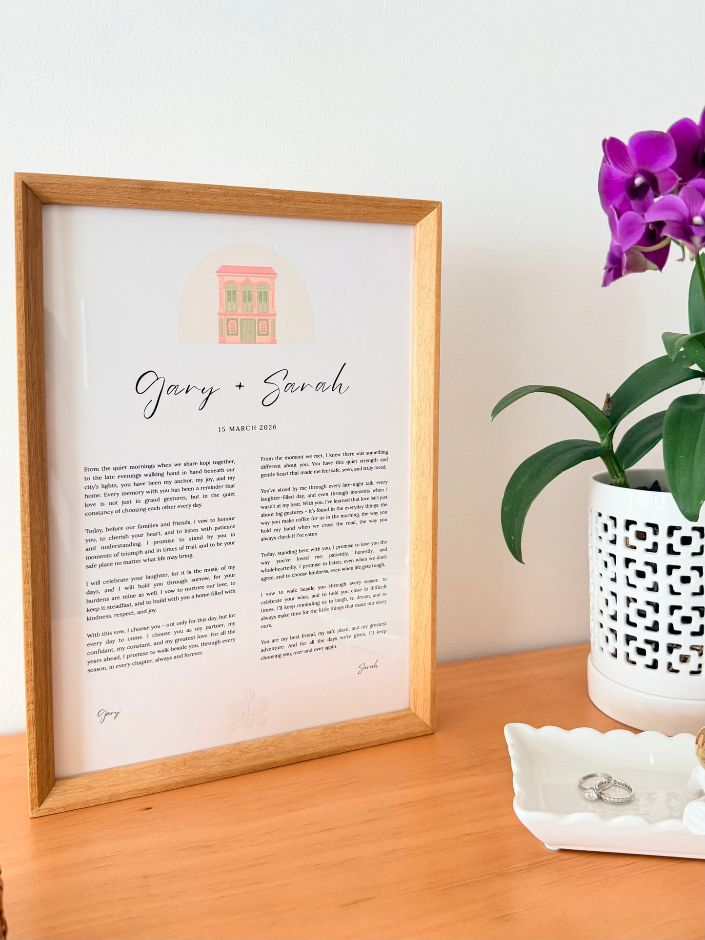 The Peranakan Shophouse Vow Frame - A3 / A4 Wedding & Anniversary Keepsake (Teak / Walnut) (Preorder – ships in 2 weeks)