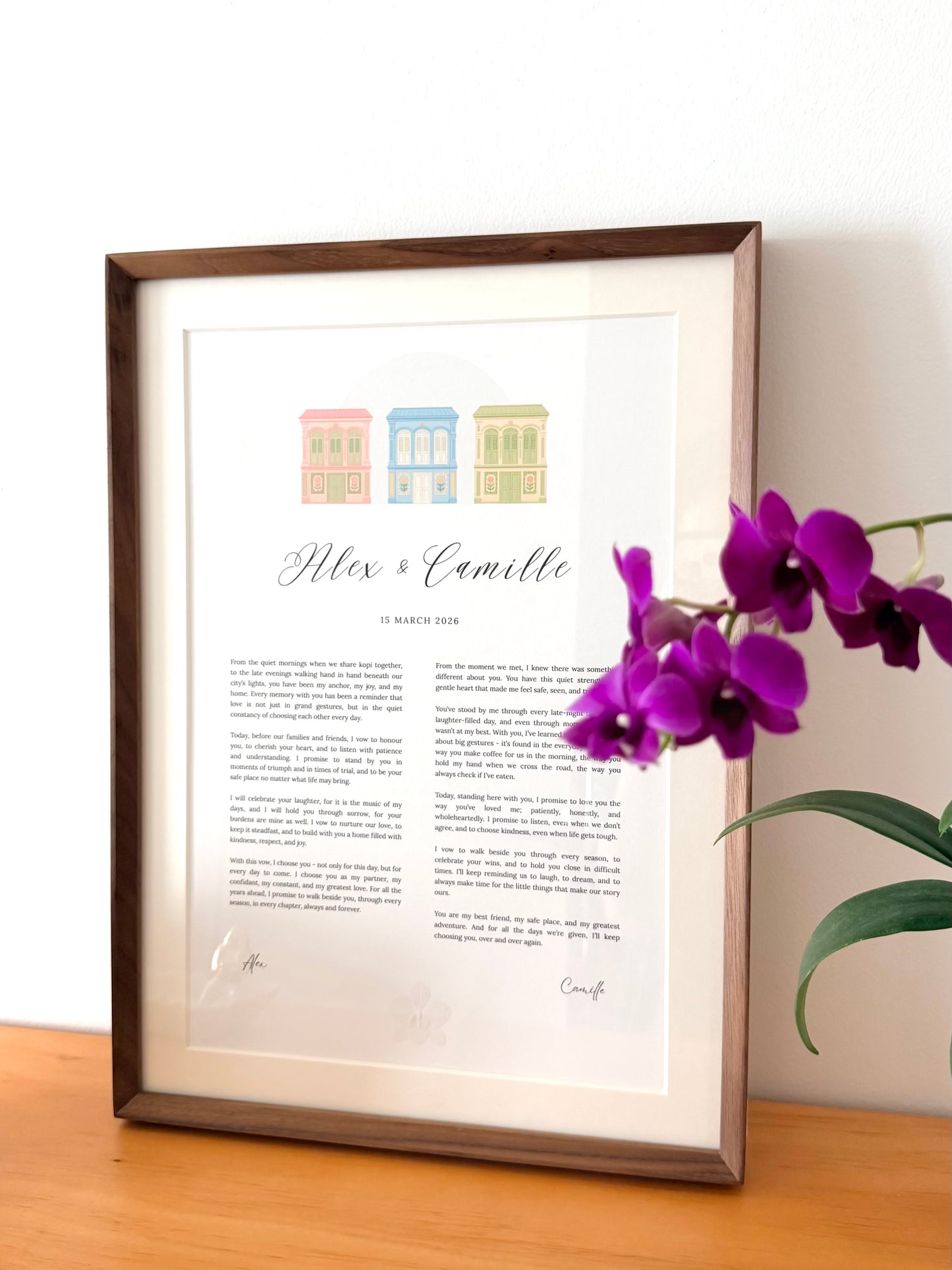 The Peranakan Shophouse Vow Frame - A3 / A4 Wedding & Anniversary Keepsake (Teak / Walnut) (Preorder – ships in 2 weeks)