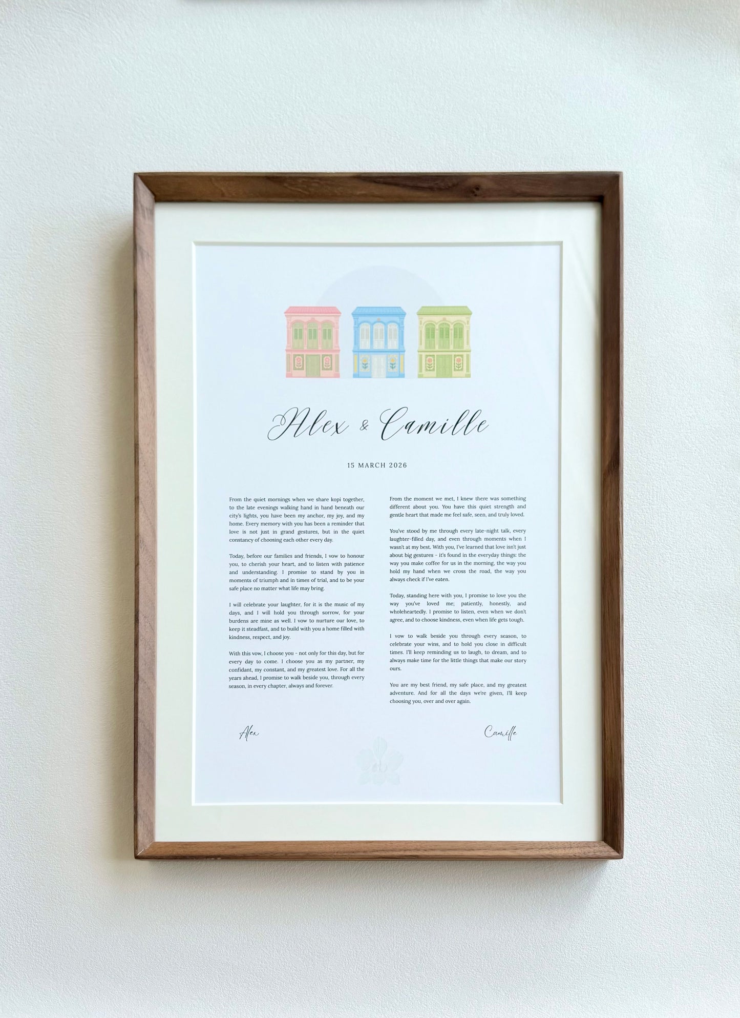 The Peranakan Shophouse Vow Frame - A3 / A4 Wedding & Anniversary Keepsake (Teak / Walnut) (Preorder – ships in 2 weeks)