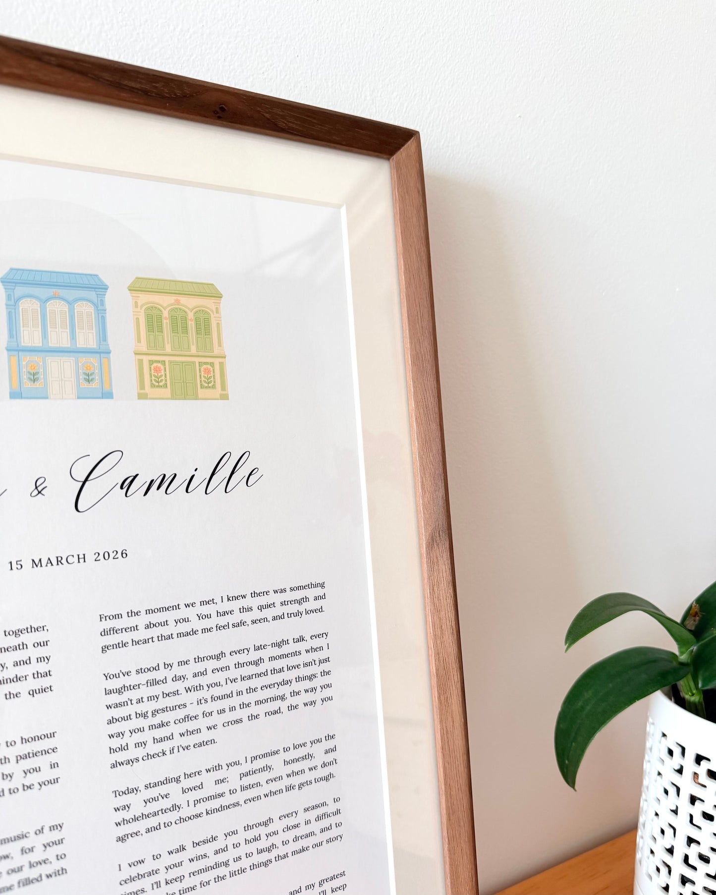 The Peranakan Shophouse Vow Frame - A3 / A4 Wedding & Anniversary Keepsake (Teak / Walnut) (Preorder – ships in 2 weeks)