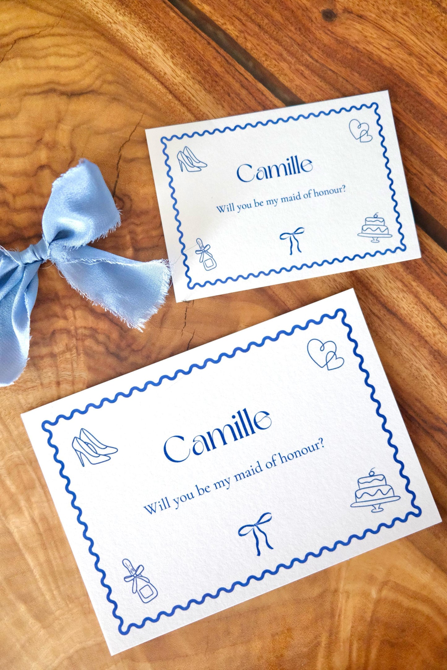 A6 A7 Cute Frilly Border - Steel Blue / Burgundy Proposal Cards