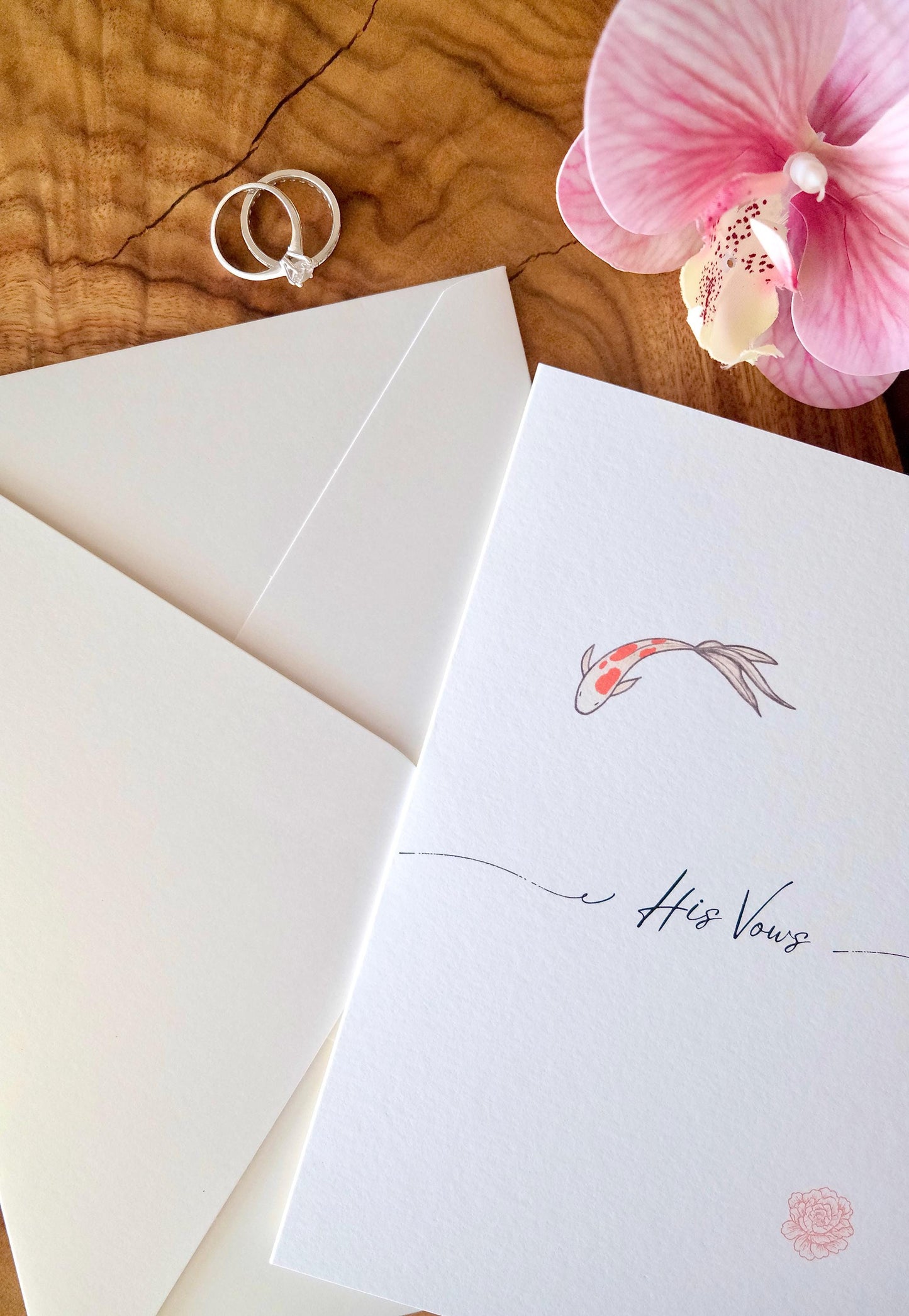 Minimalist Koi and Peony Wedding Vow Cards