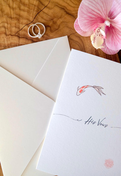 Minimalist Koi and Peony Wedding Vow Cards